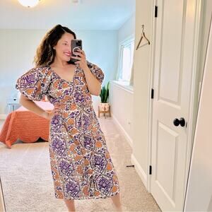 Rhode Orange Purple White Floral Cotton Puff Sleeve Belted Maxi Dress XS